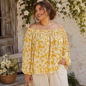 Terra & Sky Off Shoulder Boho Peasant Top 3X Golden Yellow Floral Cottagecore